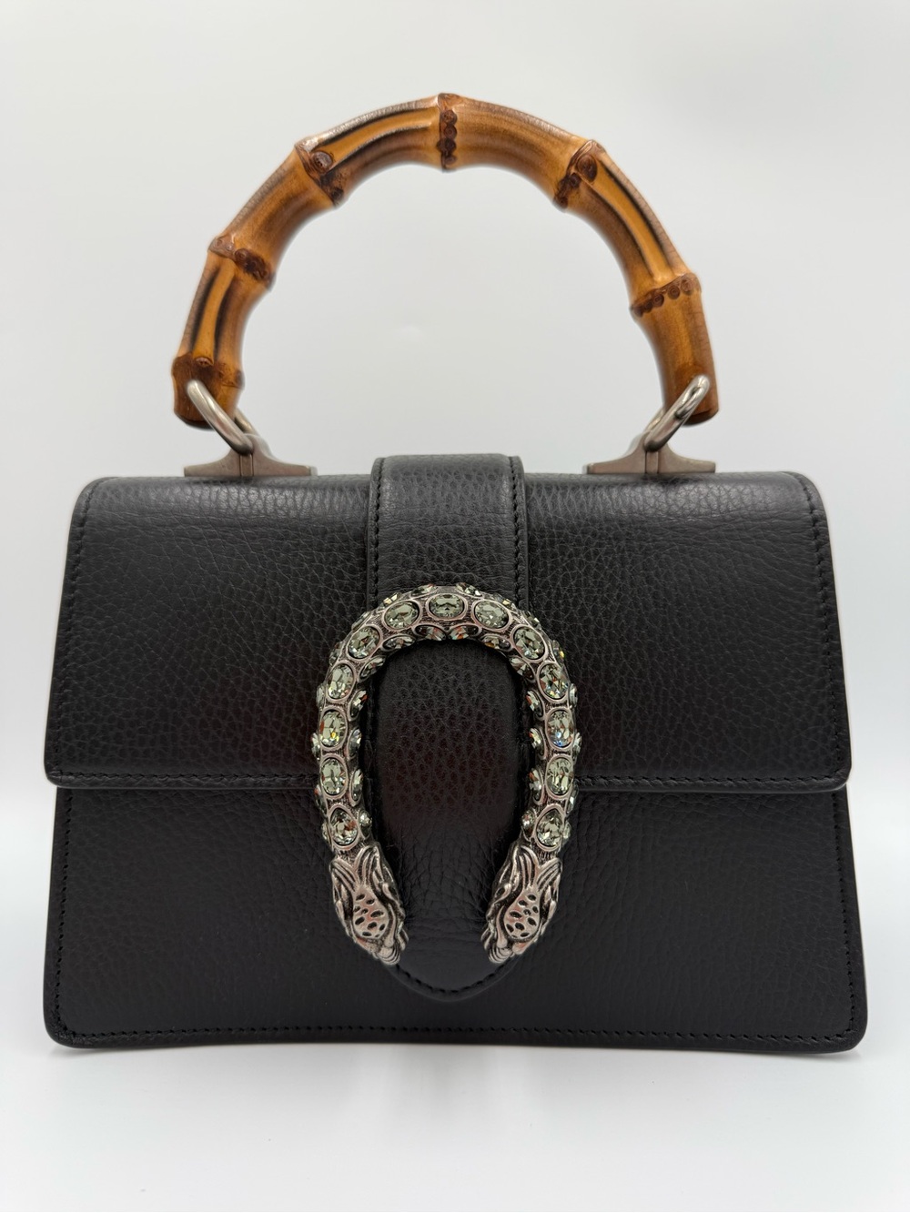 Gucci Dionysus Black Leather Top-Handle Bag with Bamboo Handle and Strap